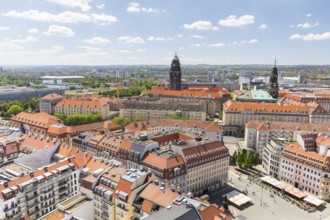 View from the tower of the Church of Our Lady over the roofs of the old town with the town hall