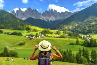 Female tourist holding her hat while looking at st. Magdalena church in val di funes with the odle