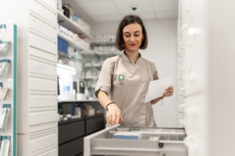 Frontal view of a young woman pharmacist working in storage room into the shop