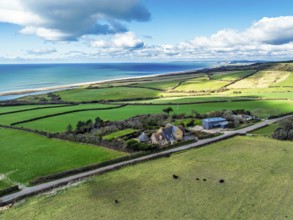Farms over Swyre and West Bexington from a drone, West Bexington Nature Reserve, S W Coast Path,