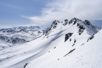 View of mountain panorama with mountain peaks of the Bernina group, mountain landscape in winter on