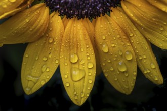 Close-up of sunflower petals, sunflower (Helianthus annuus), with raindrops on the yellow leaves