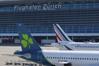 Symbol photo Zurich Airport Tail fin Aer Lingus, EI-DVK, Airbus A320-200, hi. Air France, Airbus