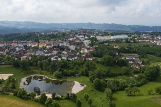Drone image, bathing lake, Tragwein, Freistadt district, Mühlviertel, Upper Austria, Austria,