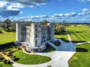 Lulworth Castle from a drone, Lulworth Estate, Camp Bestival, East Lulworth, Dorset, England,