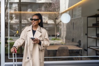 Stylish businesswoman using her smartphone while waiting outside a hotel lobby with her trolley