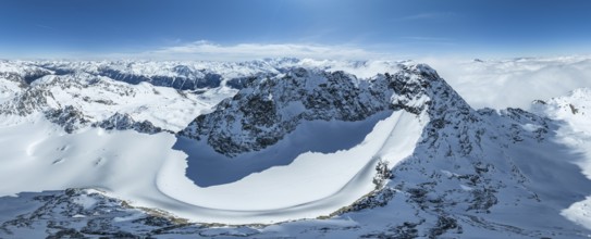 Alpine panorama, aerial view, mountain peak Piz Kesch and glacier Vadret da Porchabella, Albula