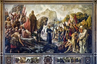 Charlemagne destroys the Irmin Column with grisailles in 772, mural by Hermann Wislicenus,