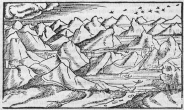 Alps, Switzerland, Alpine landscape, woodcut by Sebastian Münster from the Cosmographia