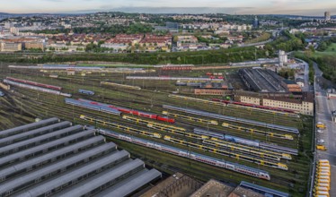 Tracks and points at Rosenstein railway sidings and parked trains. After completion of the