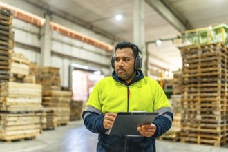 Man worker at carpentry in a recycling plant writing on clipboard gesturing paperwork