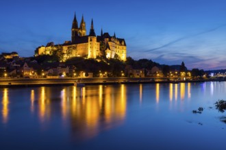 Bishop's castle, Albrechtsburg and cathedral with Elbe at blue hour, Meissen, Saxony, Germany,
