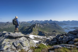 View of mountain landscape, mountain panorama, mountaineer at the summit of Rundfjellet, lake