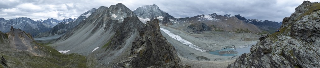 Aerial view, Alpine panorama, mountain landscape with glacier Glacier de Cheilon and summit Mont