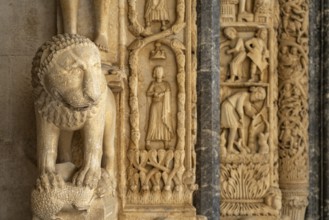 Lion at Radovan's portal of the Cathedral of St Lawrence in Trogir, Croatia, Europe