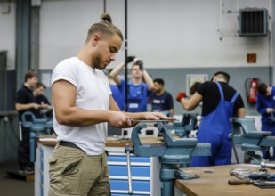 Remscheid, North Rhine-Westphalia, Germany - Trainees in the metalworking trades here during basic