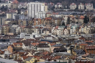View from the Karlshöhe of the buildings and roofs of the densely populated city. Stuttgart,