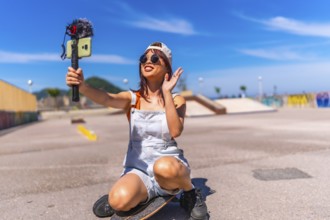 Asian young woman are doing livestreaming joyfully in skateboard urban park waving at the camera