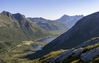 Mountain landscape and valley with lakes, near the Austnesfjord, Svolvaer, Nordland, Norway, Europe