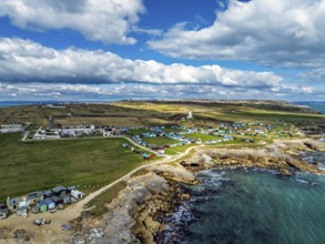 Portland Bird Observatory from a drone, Bill Lighthouse, Portland Bill, Isle of Portland, Dorset,