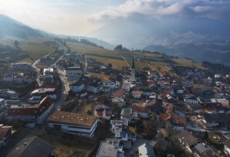 Drone image, view of the village with parish church, Patsch, Tyrol, Austria, Europe