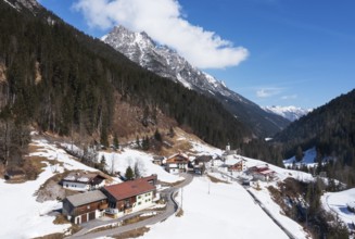 Drone image, view of the village with parish church, Hinterhornbach, Hornbachtal, Reutte district,