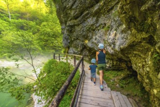 Tourists wearing helmets are enjoying a hike through the scenic vintgar gorge near bled, slovenia,