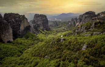 Sunset over the Monastery of Rousanou and the Monastery of St Nicholas Anapavsa, Anapavsas, Metéora