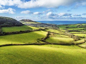 Farms over Morcombelake Village from a drone, Bridport, Dorset, England, United Kingdom, Europe