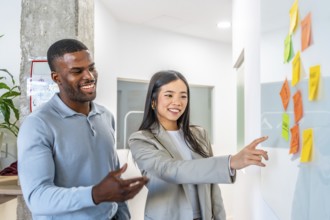 Smiling businesspeople analyzing project plan using colorful sticky notes on whiteboard in modern