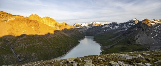 Picturesque mountain landscape at the summit Mont de la Blana at sunset, view of blue mountain