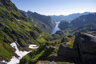 Picturesque mountain landscape, Trollfjord and Raftsund fjord, hike to Trollfjord Hytta, Lofoten,