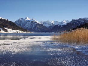 Frozen Sihlsee, reservoir, behind the snow-covered mountains Flübrig and Druesberg, Euthal, Canton