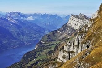 View of Lake Walen from Chäserrugg, Toggenburg, Canton of St. Gallen, Switzerland, Europe