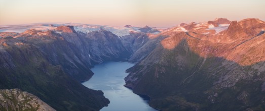 View from Seiskallåfjellet into the Nordfjorden, evening mood, Svartisen Glacier in the background,