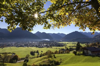 View of Oberstdorf and the Allgäu Alps from the Allgäuer Bergbad, autumn foliage, Oberallgäu,