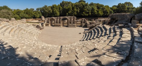 Panoramic in the theater and amphitheater in the archaeological ruins of Butrint or Butrinto