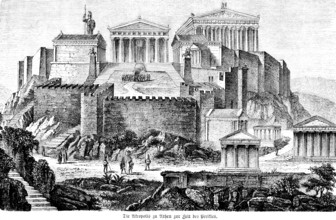 Acropolis of Athens at the time of Pricles, Greeks in antiquity, historical illustration ca. 1890
