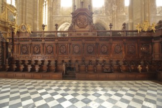 Choir stalls of the Gothic church Ste-Marie-Madelein, interior view, wood carving, arts and crafts,