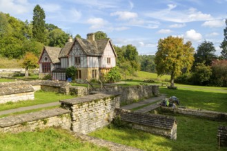 Overview of excavated walls and museum building, Chedworth Roman Villa, Chedworth, Cotswolds,