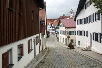 Street and houses in the historic old town of Füssen, Ostallgäu, Allgäu, Swabia, Bavaria, Germany,
