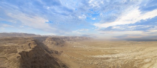 Israel Panoramic views from Masada Fortress in National Park in Negev Judaean Desert near Dead Sea