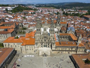 Aerial view of a cathedral and the red roofs of a historic city on a clear, sunny day, Cathedral,
