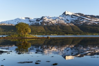 Landscape in Norway. The Balsfjord with a view of the mountain Fugltinden. A small island with a