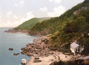 Anstey's Cove, Torquay, England, Historic, digitally restored reproduction from a 19th century