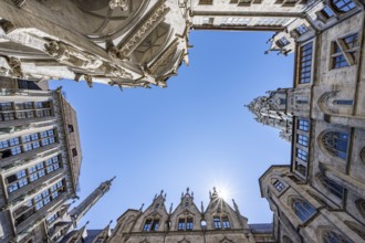 Inner courtyard, frog perspective, Sun Star, New Town Hall, Munich, Bavaria, Germany, Europe
