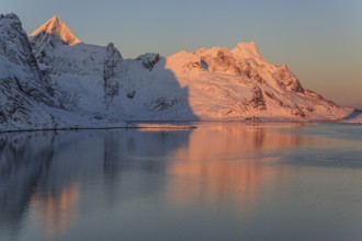 Snow-covered mountains reflected in the fjord at sunrise, winter, Reine, Moskenesoya, Lofoten,