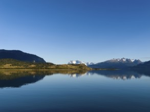 Drive through the Bay of Last Hope, fjords and mountains, Puerto Natales, Patagonia, Chile, South
