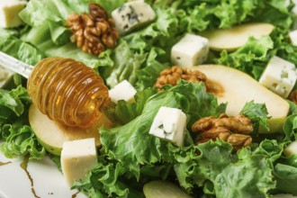 Keto Salad, pear with blue cheese and walnut, selective focus, no people, close-up