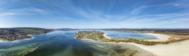 Aerial view, panorama of the island of Reichenau at low tide and spring-like vegetation, Lake
